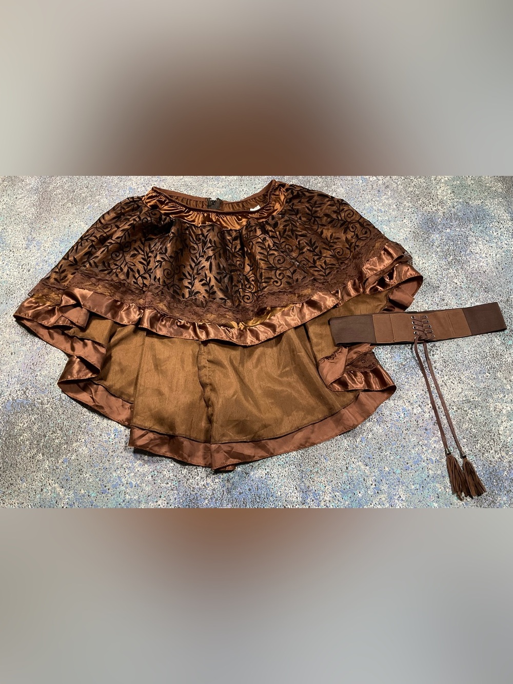 Womens Brown Steampunk Victorian High Low Skirt Lace Ruffle Corset Belt Gothic